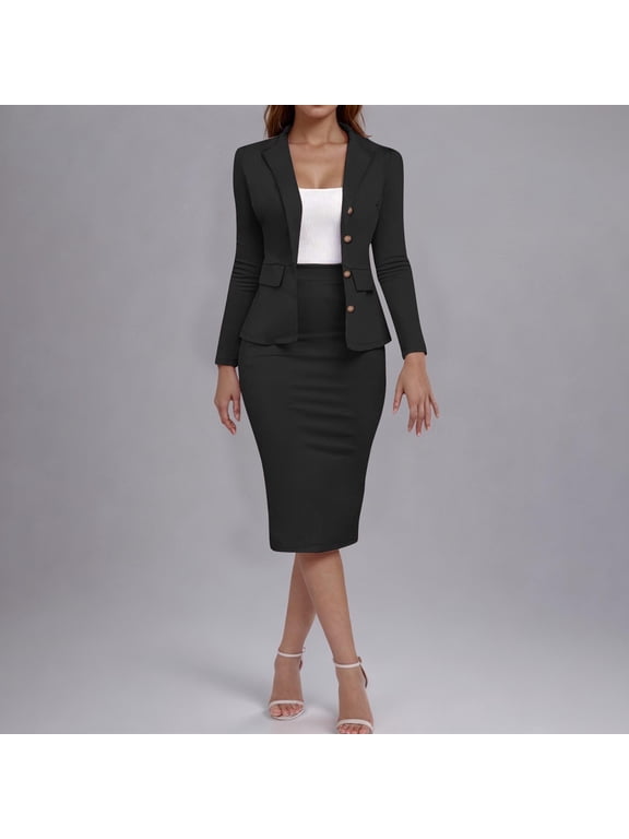 Wancir Women's 2 Piece Suit Skirt Set Business Casual Long Sleeve Blazer and Pencil Skirt