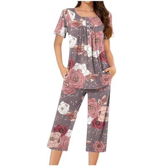 Wancir Women's 2 Piece-set Fall Pajama Set short Sleeve Shirt and Pants Sleepwear Pjs Sets with Pockets