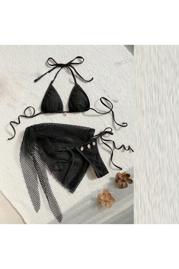 Wancir Women's 3 Piece Halter String Fishnet Bikini Swimsuit with Wrap Cover Up