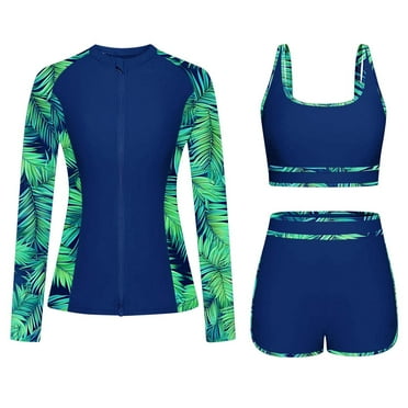 Wancir Women's 3 Piece Rash Guard Built-in Bra Long Sleeve UV Sun Protection Swimsuit Zip up Swim Top Shirt Modest
