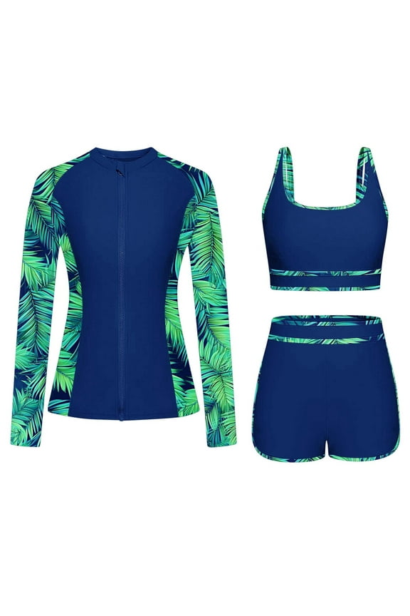 Wancir Women's 3 Piece Rash Guard Built-in Bra Long Sleeve UV Sun Protection Swimsuit Zip up Swim Top Shirt Modest