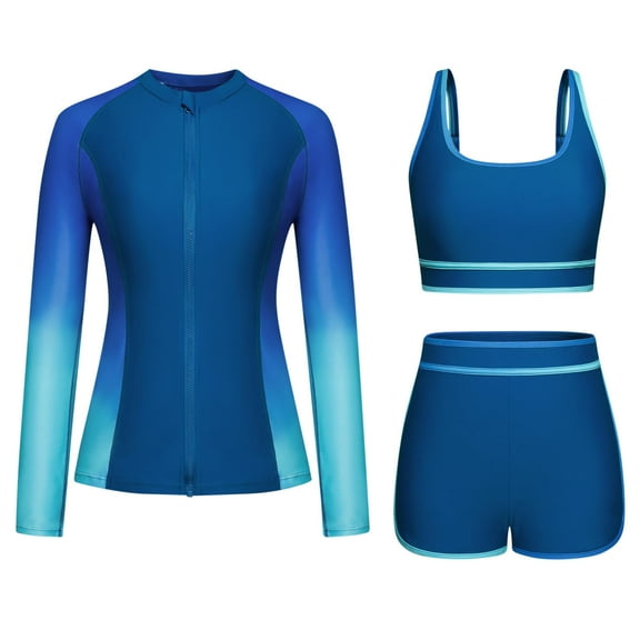 Wancir Women's 3 Piece Rash Guard Long Sleeve Swimsuits Zip Up UPF 50+ Built in Bra Swim Shirts with Boyshorts Quick Dry