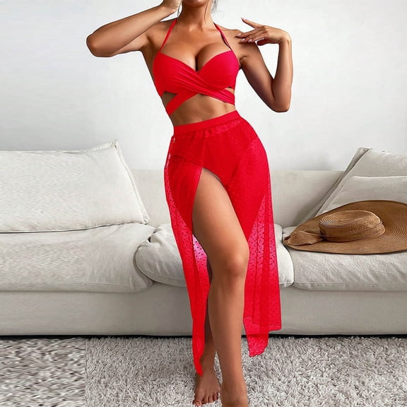 Wancir Women's Bikini Sets Women's High Waisted Solid Lace Mesh Skirt Three Piece Set Hanging Neck Drawstring Gathering Swimsuit Split Set Suit