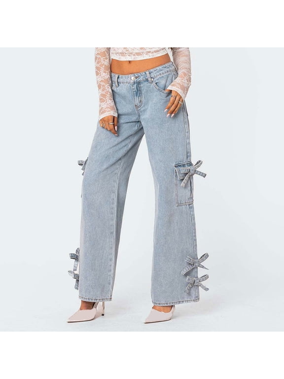 Wancir Women's Bowknot Embroidery Jeans Y2k Straight Leg Boyfriend Denim Pants