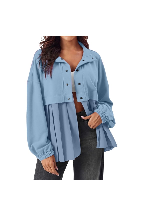 Wancir Women's Button Down Jackets Long Sleeve Pleated Patchwork Casual Loose Flowy Sweatshirts