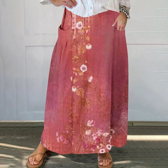 Wancir Women's Casual Cotton Skirt Elastic Waist Scrub Peasant A-Line Midi Skirts with Pockets
