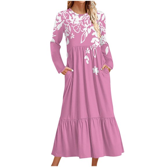 Wancir Women's Casual Long Sleeve Round Neck Hem T-Shirt Loose Dress with Pockets