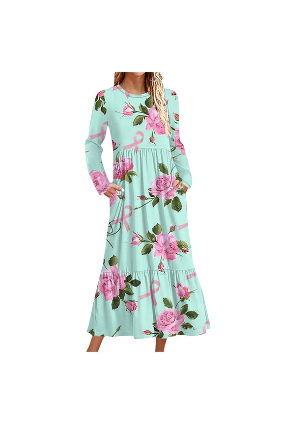 Wancir Women's Casual Long Sleeve Round Neck Hem T-Shirt Loose Dress with Pockets