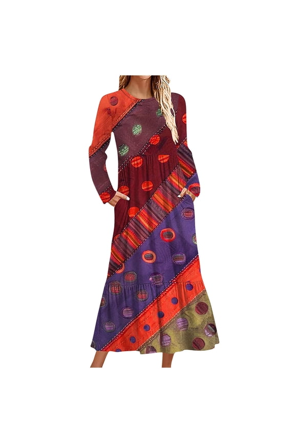 Wancir Women's Casual Long Sleeve Round Neck Hem T-Shirt Loose Dress with Pockets