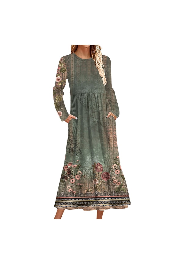 Wancir Women's Casual Long Sleeve Round Neck Hem T-Shirt Loose Dress with Pockets