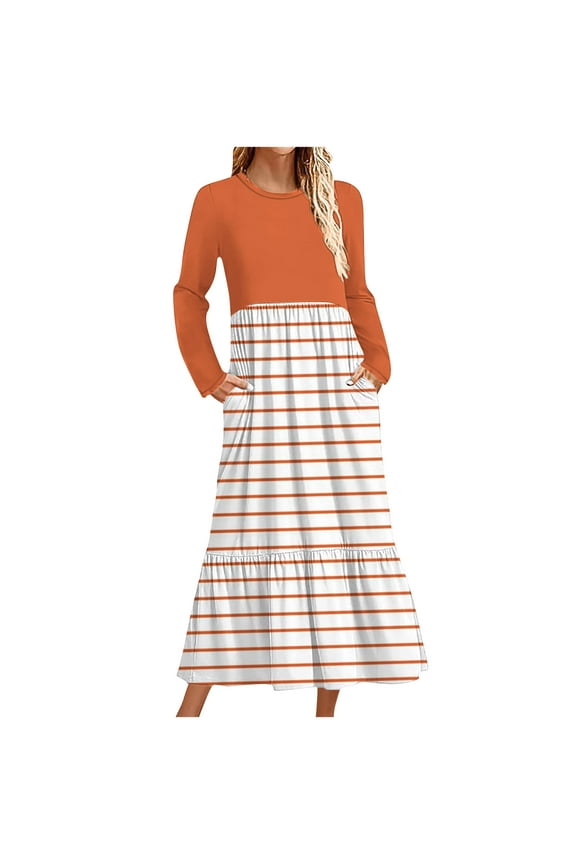 Wancir Women's Casual Long Sleeve Round Neck Hem T-Shirt Loose Dress with Pockets