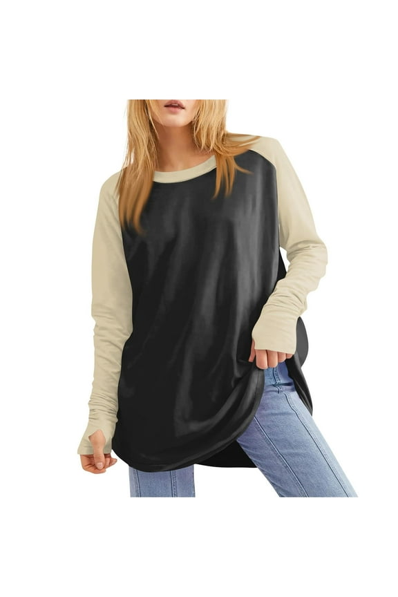 Wancir Women's Casual Long Sleeve Tops Crew Neck Round Hem Loose T-Shirts Tunic Tops with Thumb Holes S-3XL