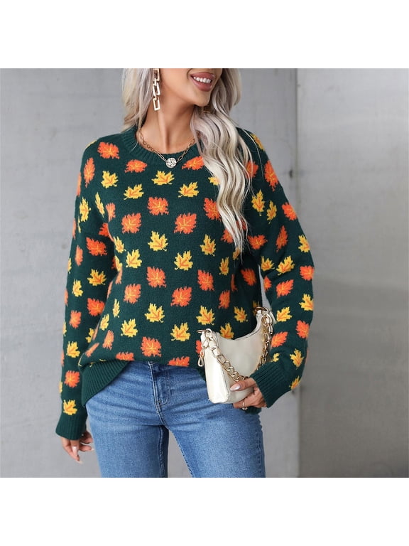Wancir Women's Casual Maple Leaf Print Crewneck Knit Sweater 2024 Fall Winter Fashion Long Sleeve Graphic Loose Jumpers Tops
