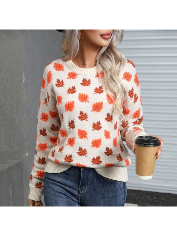 Wancir Women's Casual Maple Leaf Print Crewneck Knit Sweater 2024 Fall Winter Fashion Long Sleeve Graphic Loose Jumpers Tops