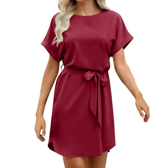 Wancir Women’s Casual Short Sleeve Tie Waist Asymmetric Hem Swing Summer A Line Midi Dress
