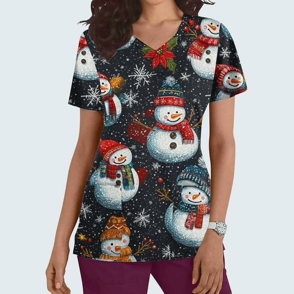 Wancir Women's Christmas Scrub Tops Short Sleeve V Neck Casual Stretch Medical Working Uniform Tops with Pockets