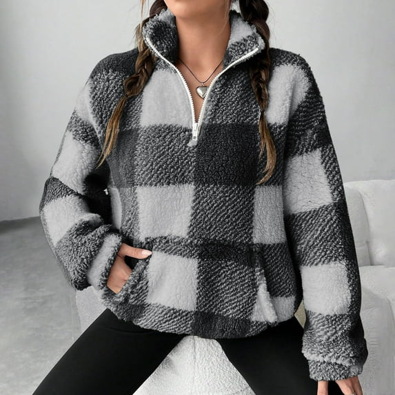 Wancir Women's Coat Casual Lapel Fleece Fuzzy Faux Shearling 1/4 Zipper Coats Warm Winter Oversized Outwear Jackets
