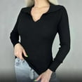 thumbnail image 1 of Wancir Women's Collar Neck Ribbed Knit Long Sleeve Slim Fitted Sweater Basic Tee Tops, 1 of 5
