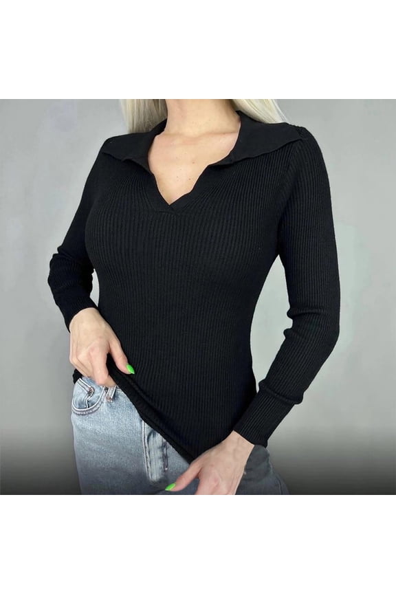 Wancir Women's Collar Neck Ribbed Knit Long Sleeve Slim Fitted Sweater Basic Tee Tops