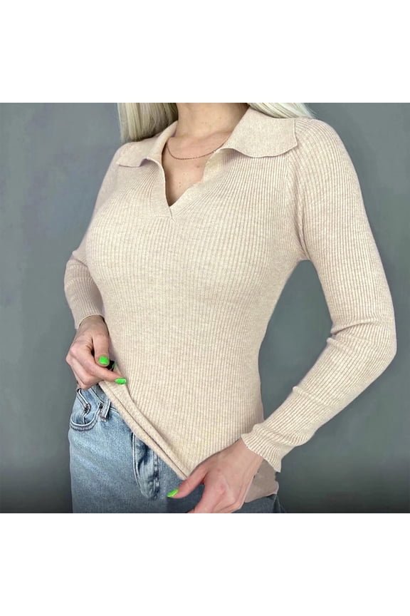 Wancir Women's Collar Neck Ribbed Knit Long Sleeve Slim Fitted Sweater Basic Tee Tops