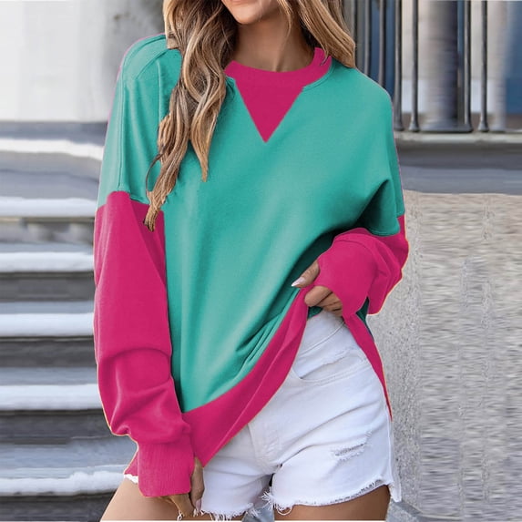Wancir Women's Color Block Long Sleeve Tunics Tops Casual Round Neck Loose Shirts Blouses