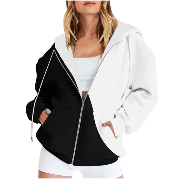 Wancir Women's Color Block Zip Up Hoodie Sweatshirt Casual Long Sleeve Drawstring Jacket Sweater with Pockets