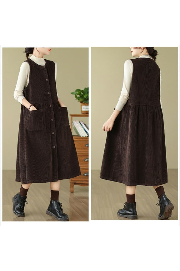 Wancir Women's Corduroy Button Down Babydoll Tank Dress Crewneck Over Knee Long Overall Dress with Pockets