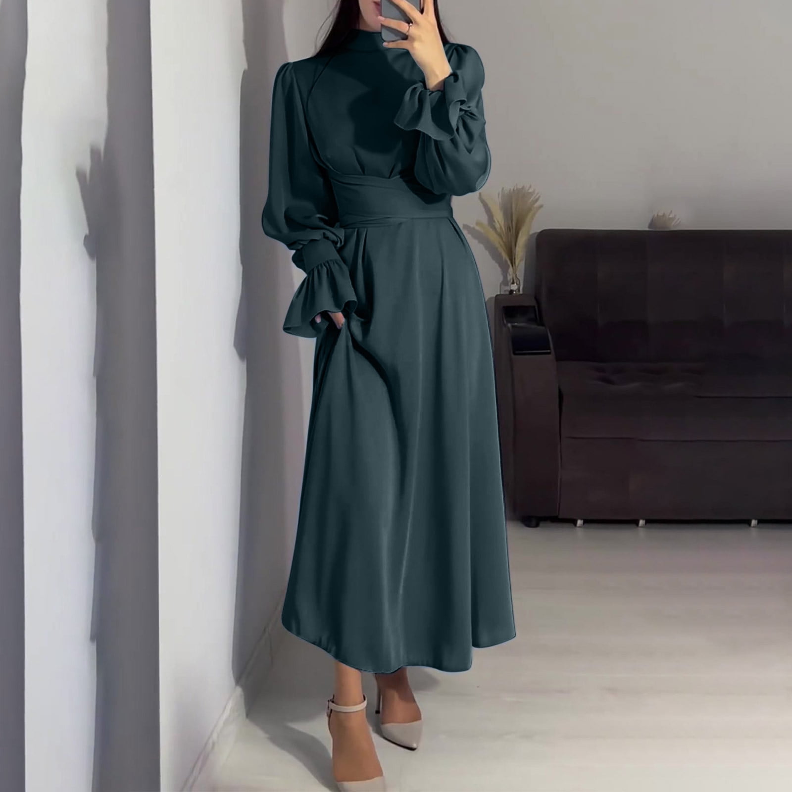 knee length dresses for ladies Zahra Satin Long Sleeve Maxi Slip Dress
