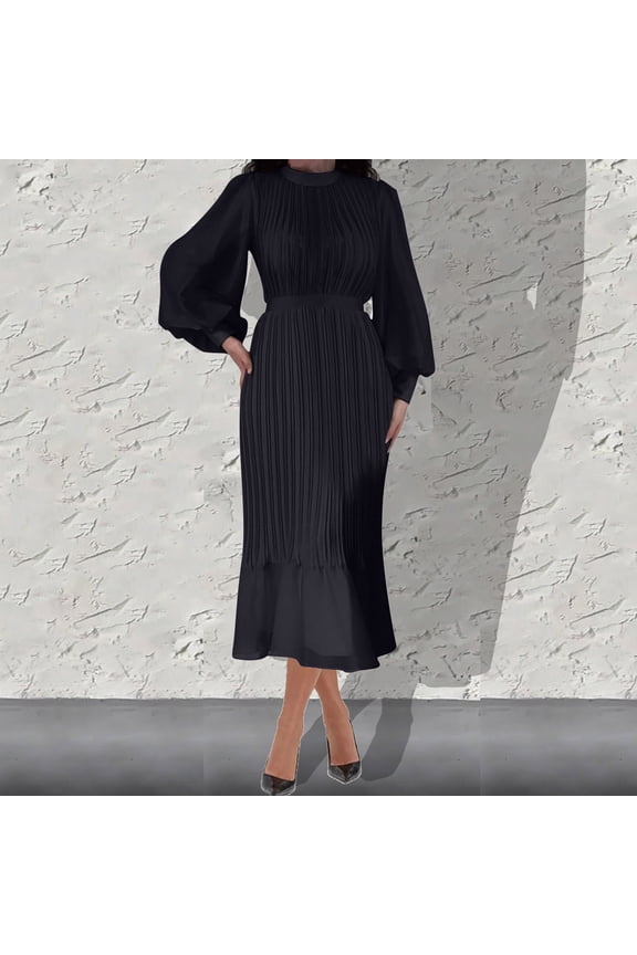Wancir Women's Dress Long Lantern Sleeve Mock Neck Puff Shoulder Tie Waist Pleated Cocktail Maxi Slip Dresses
