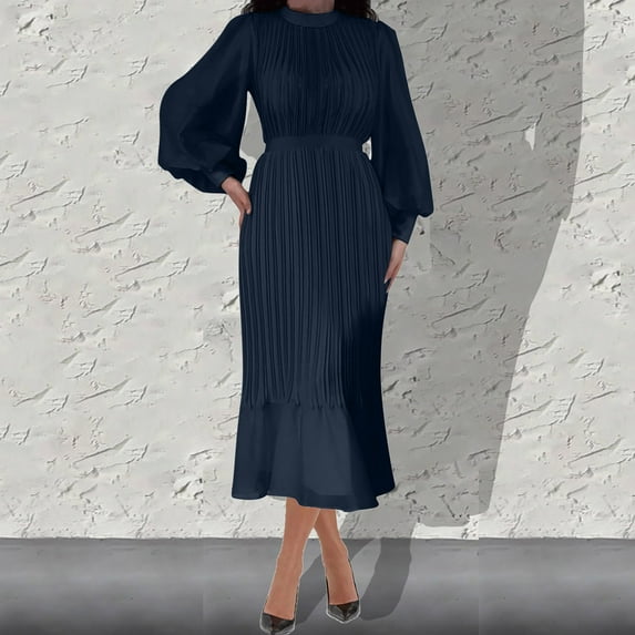 Wancir Women's Dress Long Lantern Sleeve Mock Neck Puff Shoulder Tie Waist Pleated Cocktail Maxi Slip Dresses