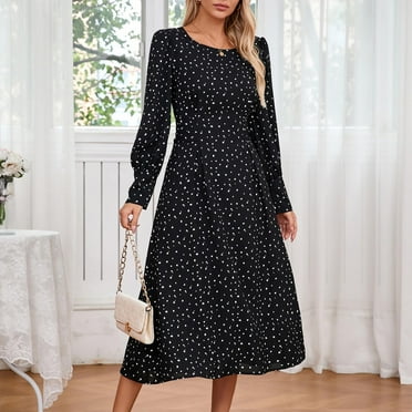 Wancir Women's Elegant Floral Long Sleeve Round Neck Smocked A-Line Flowy Tiered Maxi Dress