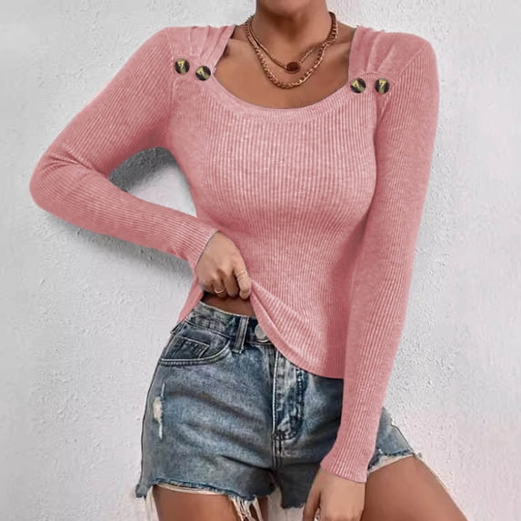 Wancir Women's Fall Fashion Sweater Long Sleeve Crew Neck Button Stretch Casual Pullover Tops Winter Clothes Trendy