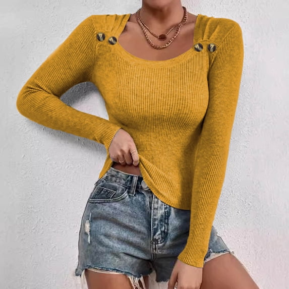 Wancir Women's Fall Fashion Sweater Long Sleeve Crew Neck Button Stretch Casual Pullover Tops Winter Clothes Trendy