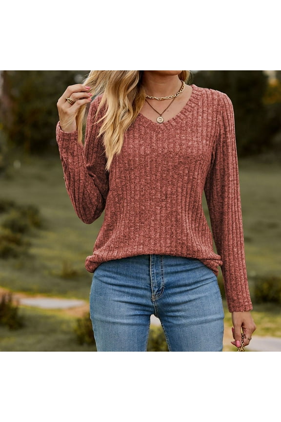 Wancir Women's Fall Long Sleeve V Neck Ribbed Knit Sweaters Loose Fit Casual Soft Pullover Sweater Jumper Tops