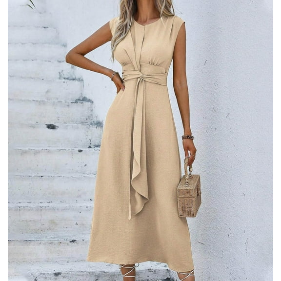 Wancir Women's Fashion Solid Color Short Sleeve Round Neck Waist In Dresses