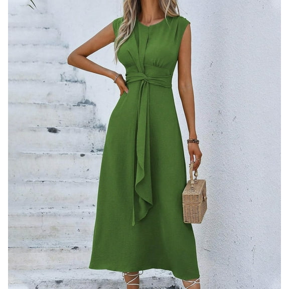 Wancir Women's Fashion Solid Color Short Sleeve Round Neck Waist In Dresses