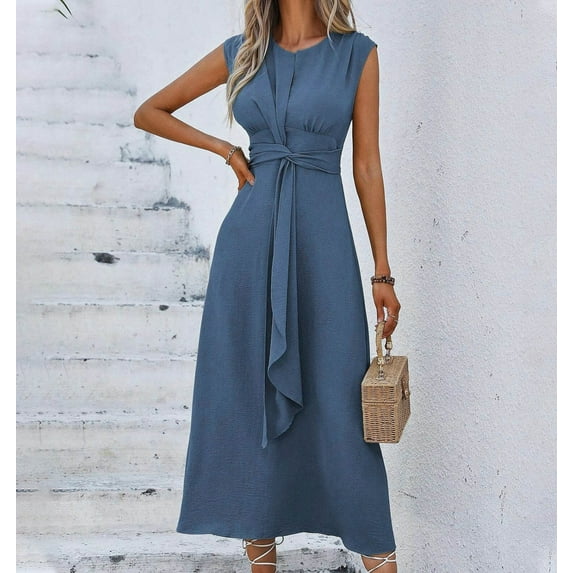 Wancir Women's Fashion Solid Color Short Sleeve Round Neck Waist In Dresses