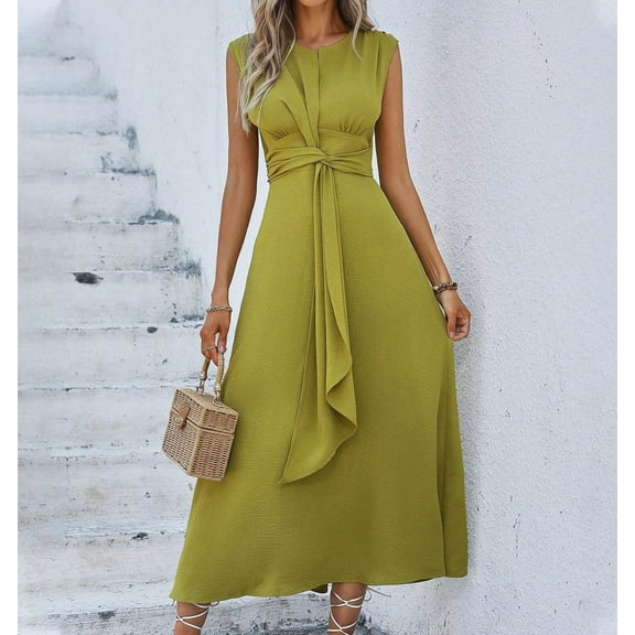 Wancir Women's Fashion Solid Color Short Sleeve Round Neck Waist In Dresses
