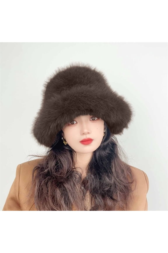 Wancir Women's Faux Fur Bucket Hats Winter Fluffy Warm Ladie's Plush Solid Color Fisherman Cap