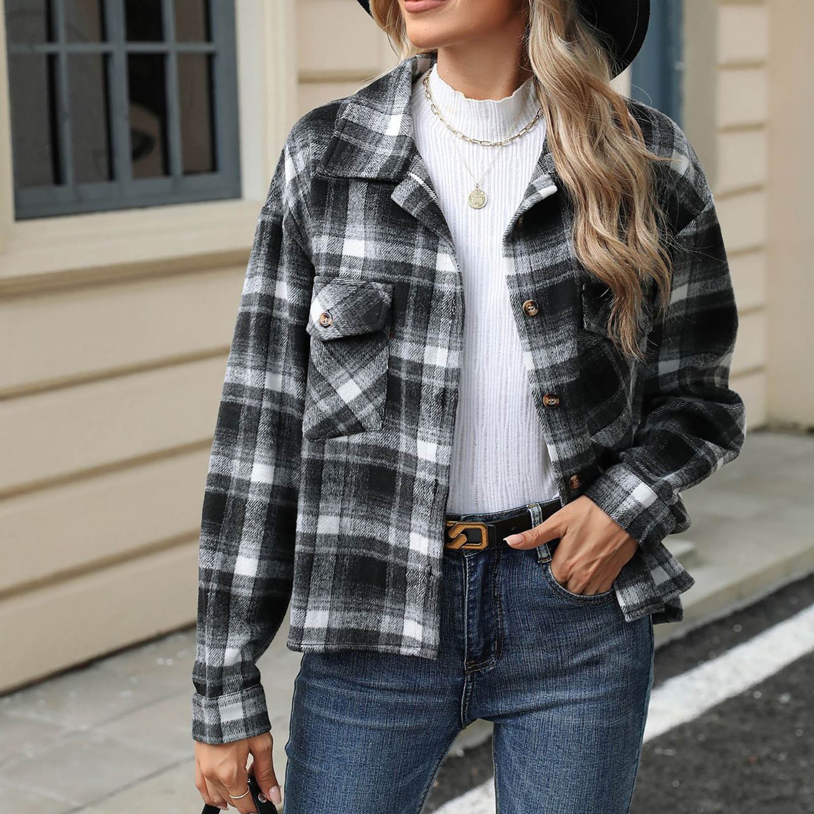 Wancir Women's Flannel Plaid Shacket Long Sleeve B