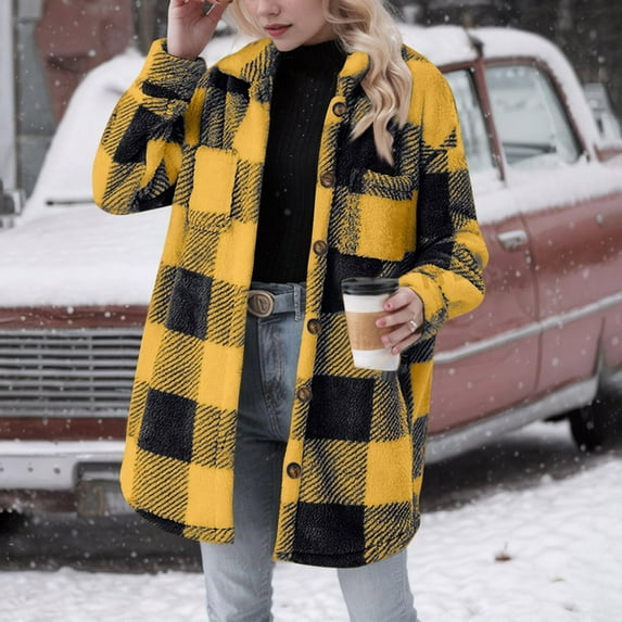 Wancir Women's Fleece Plaid Jacket Coats Button Down Lapel Sherpa Shacket Outwear with Pockets