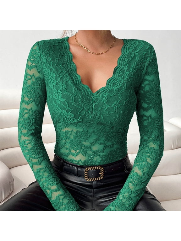 Wancir Women's Floral Lace Top Long Sleeve Mock See Through Mesh Underwear Blouse Shirt S-XXL