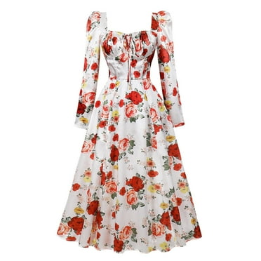 Wancir Women's Floral Print Puff Long Sleeve Maxi Dress Sexy Square Neck Tie A-line Beach Dresses