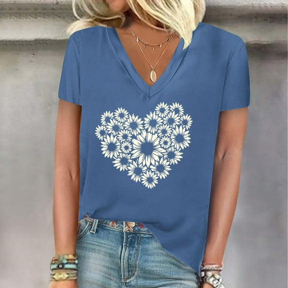 Wancir Women's Floral T-Shirts V-Neck Dandelion Sun Flower Graphic Casual Tee Boho Tops Cute Wildflowers Shirts