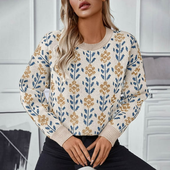 Wancir Women’s Graphic Sweater Casual Knit Pullover Drop Shoulder Long Sleeves Crewneck Soft Jumper Tops