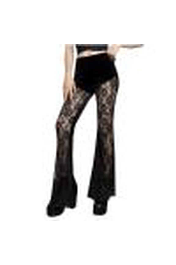 Wancir Women's Lace Flared Legging Pants Gothic High Waist Hollow Patchwork Mesh Bell-Bottom Trousers