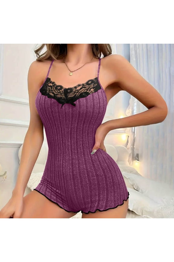 Wancir Women's Lace Trim One Piece Sleepwear Spaghetti Strap Cami Romper Pajamas Loungewear