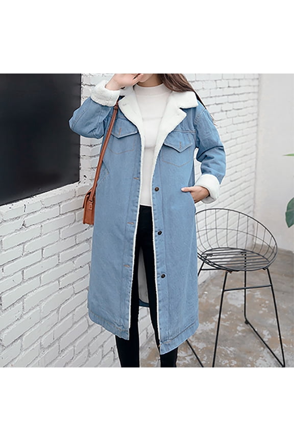 Wancir Women's Lapel Button Up Sherpa Fleece Lined Mid-Long Oversized Overcoat Denim Trucker Jacket