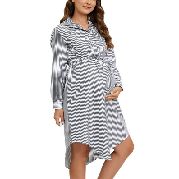 Wancir Women's Lapel Collar Striped Maternity Dress Elegant Button Down Long Sleeve Tunic Dresses Pregnancy Clothes