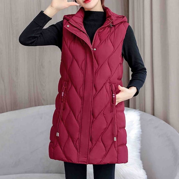 Wancir Women's Long Puffer Vest Cotton Sleeveless Puffy Jacket with Removable Hood